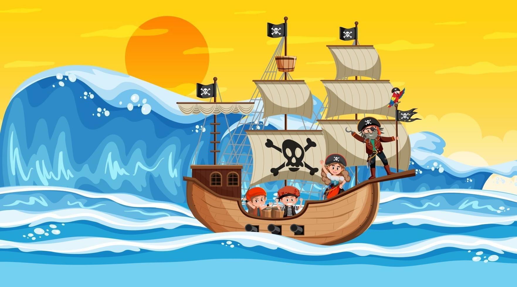 Ozean mit Piratenschiff bei Sonnenuntergangsszene im Karikaturstil vektor