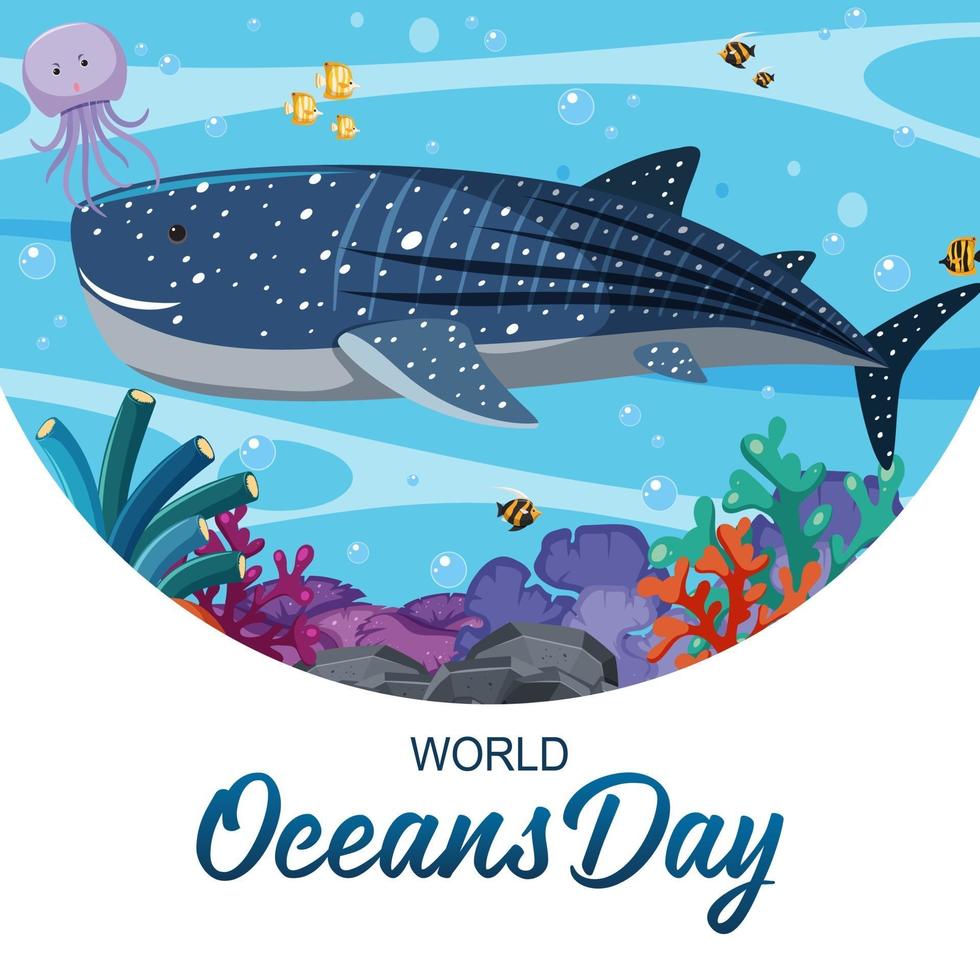 World Ocean Day Banner mit einem großen Wal und anderen Meerestieren vektor