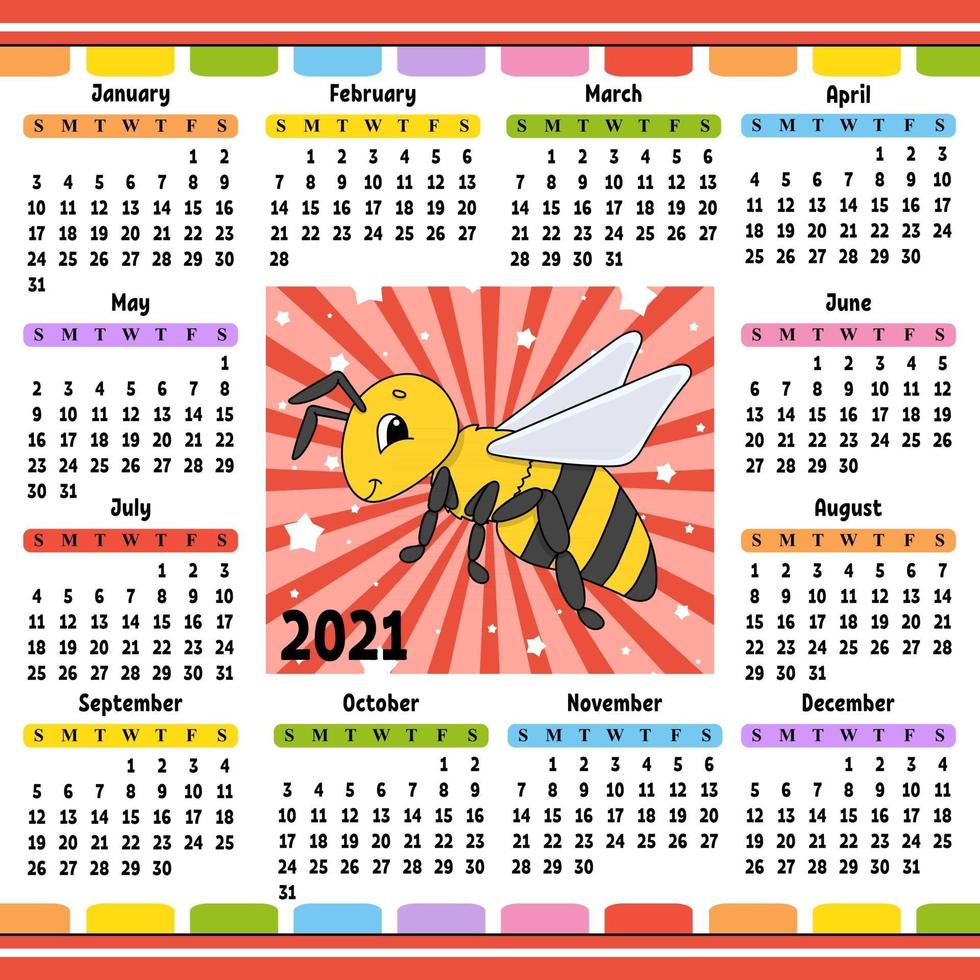 Kalender für 2021 mit einem süßen Charakter. gestreifter Bienenspaß und helles Design. isolierte Farbvektorillustration. Cartoon-Stil. vektor