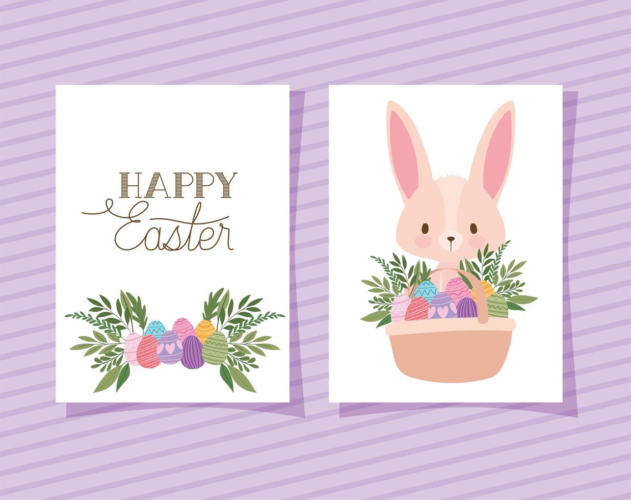 Einladung mit Happy Easter-Schriftzug, einem süßen rosa Hasen und einem Korb voller Ostereier vektor