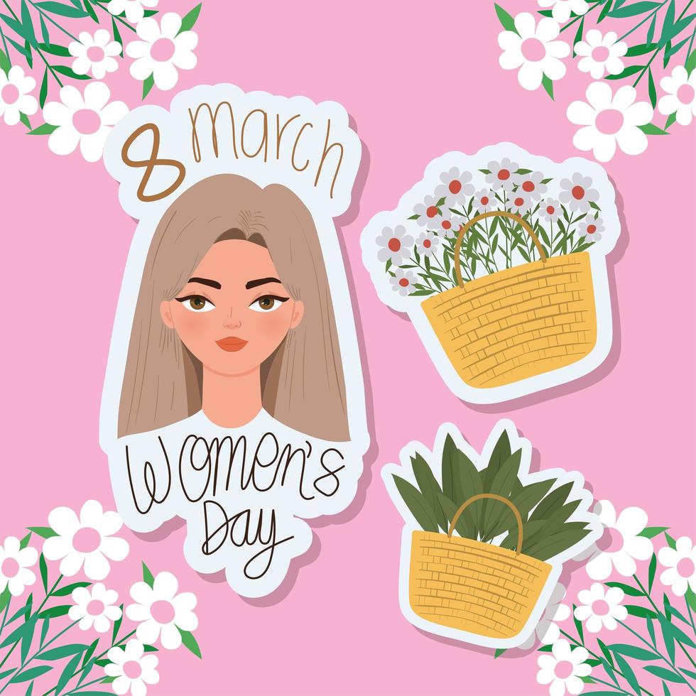8 mars kvinnodagsbokstäver, vacker kvinna med ljusbrunt hår och korgar med blommor vektor