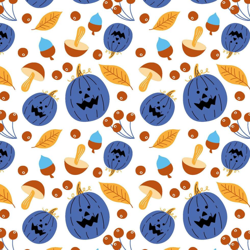 Hintergrund zum Textilien, dekorativ Element zum das Herbst Festival, Halloween Party. Herbst Kürbis Muster mit Blätter und Pilze, Spaß Halloween. vektor