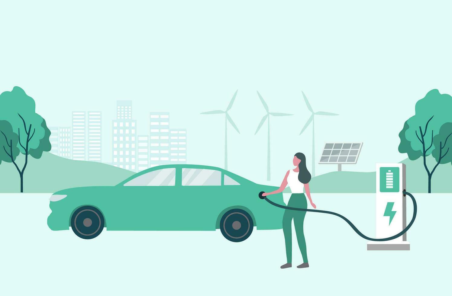 elektrisk bil, ev bil, kvinna laddning batteri på elektrisk laddning station med sol- panel och vind turbiner. hållbar grön energi för ekologi miljö. vektor