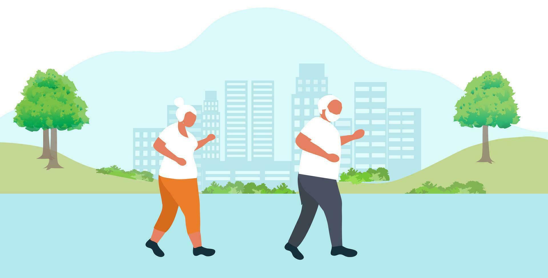 äldre par joggning övning i parkera vektor illustration. äldre människor friska livsstil, friska åldring för senior vård begrepp