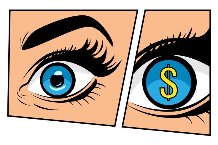 Finanzüberwachung des Währungsdollargeschäftsmannes oder -geschäftsfrau im komischen Storyboard-Pop-Art-Retrostil. Dollarzeichen in den Augen. Bunter Vektorhintergrund im Retro- Comic der Pop-Art vektor