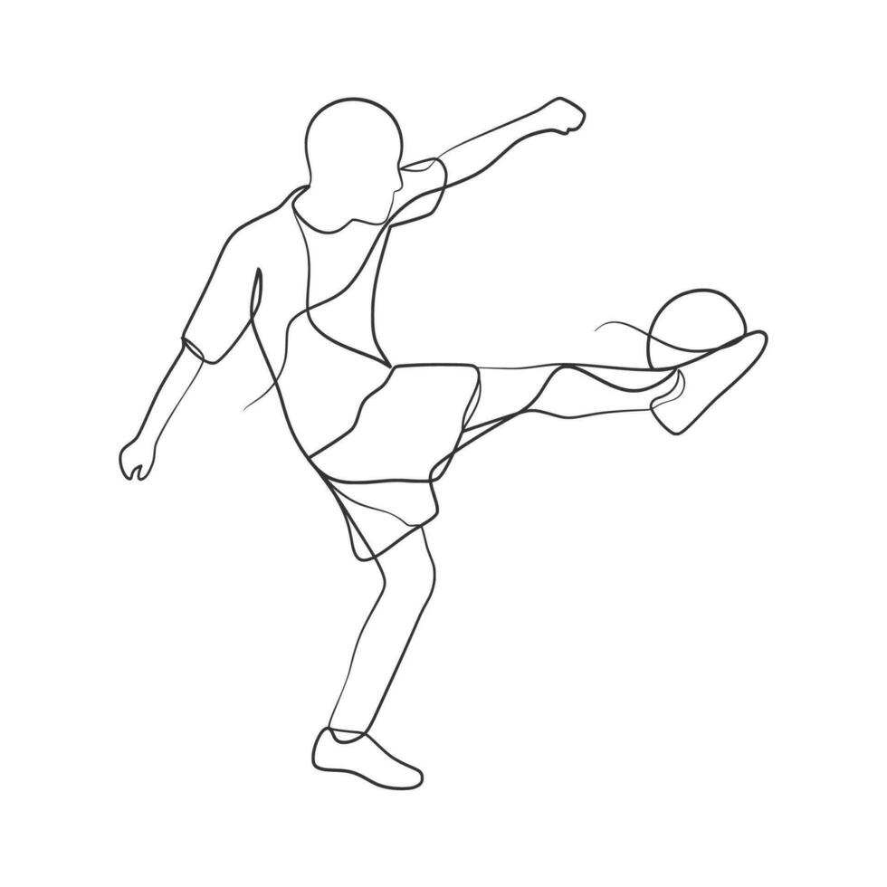 kontinuerlig linje teckning av person sparkar en boll fotboll vektor