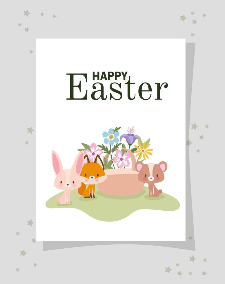 Einladung mit Frohe Ostern-Schriftzug, einem süßen rosa Hasen, Fuchs, Bär und einem Korb voller Blumen vektor