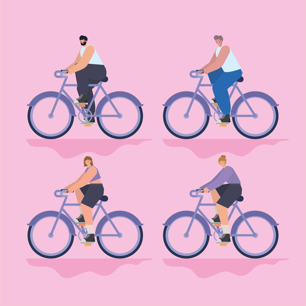 Gruppe von Menschen, die Fahrrad über rosa Hintergrund fahren vektor