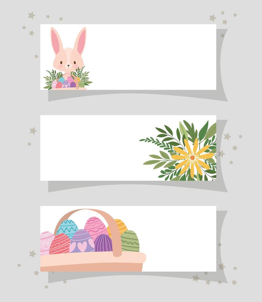 ramar med en söt rosa kanin, gul blomma och en korg full med påskägg vektor