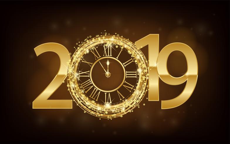 Guten Rutsch ins Neue Jahr 2019 - glänzender Hintergrund des neuen Jahres mit Golduhr und -funkeln. Vektorillustration vektor