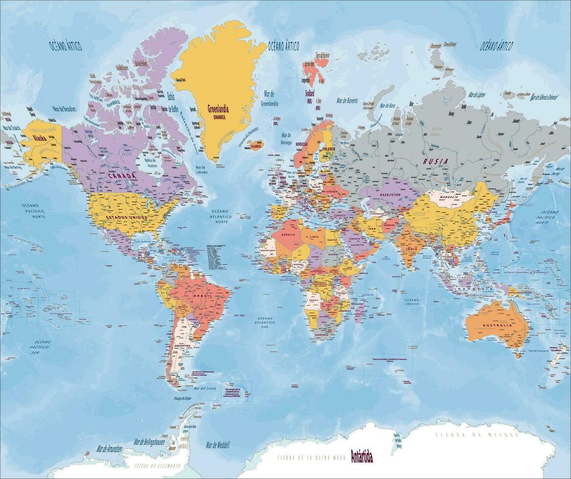 detaljerad politisk värld Karta spanska språk mercator utsprång vektor