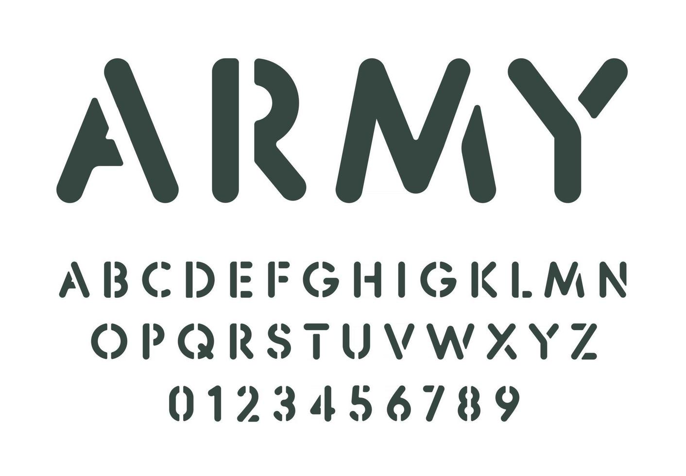 Schablone Buchstaben und Zahlen eingestellt. Sprühfarbe Schablonenvorlage, einfaches Alphabet im Militärstil. Schriftart für Nachrichten an der Wand, Armee oder Kampfspiele. Vektor-Typografie-Design. vektor