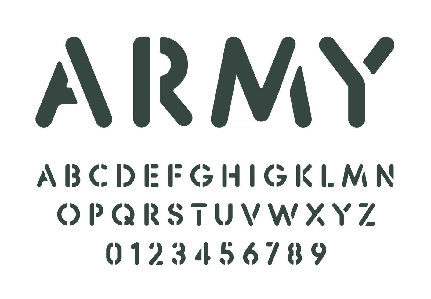 stencilbokstäver och siffror. sprayfärg stencil mall, enkel militär stil alfabetet. typsnitt för meddelanden på vägg, armé eller stridsspel. vektor typografi design.