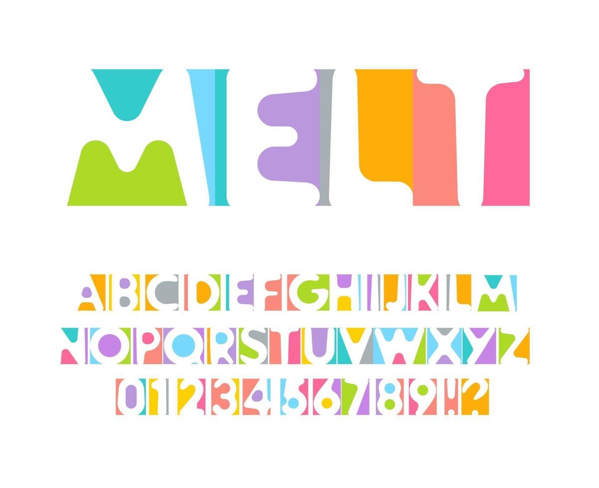 bunte buchstaben und zahlen eingestellt. farbiges Vektor lateinisches Alphabet. Regenbogenfarbenschrift. Farbpapierapplikation abc, Negativraummonogramm und Postervorlage. Typografie-Design