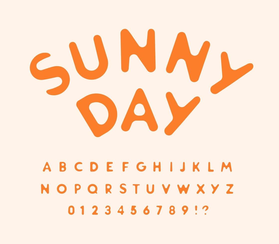 soliga bokstäver och siffror. smält från varm sol. rundade roliga teckensnitt för evenemang, kampanjer, logotyper, banner, godismonogram och affisch. vektor typografi design