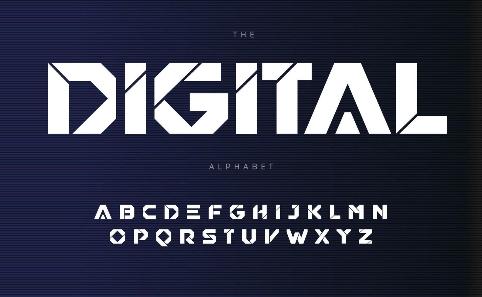 digitales urbanes Alphabet, fette Buchstaben im Futurismus-Stil. geometrische Schrift mit Schnittlinie innerhalb der Buchstaben. Typ für modernes futuristisches Logo, Schlagzeile, Monogramm und Typografie. Vektortypografisches Design vektor