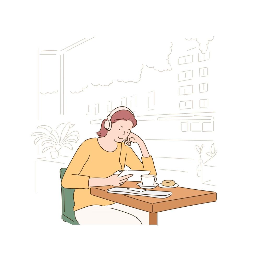 Eine Frau sitzt in einem Café und hört Musik. handgezeichnete Stilvektordesignillustrationen. vektor