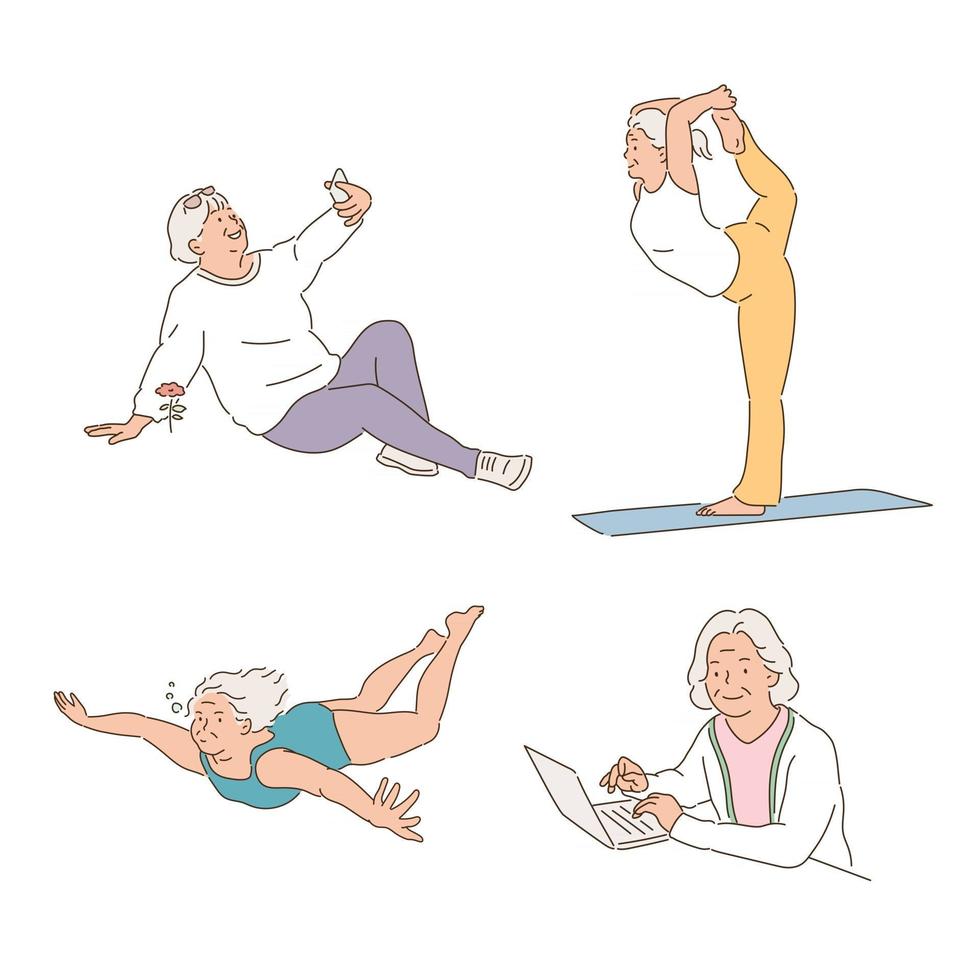 äldre kvinna njuter av ett aktivt liv. handritade illustrationer för stilvektordesign. vektor