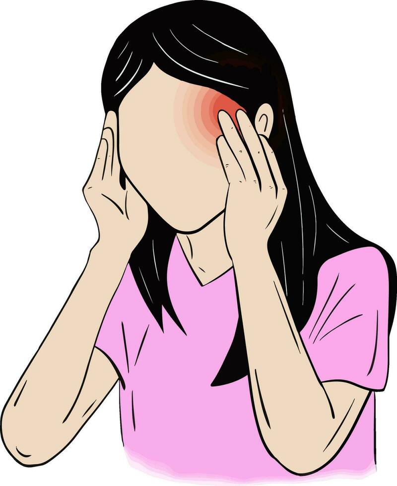 Hand gezeichnet Karikatur Illustration von ein weiblich Kopfschmerzen und Leiden von Migräne vektor