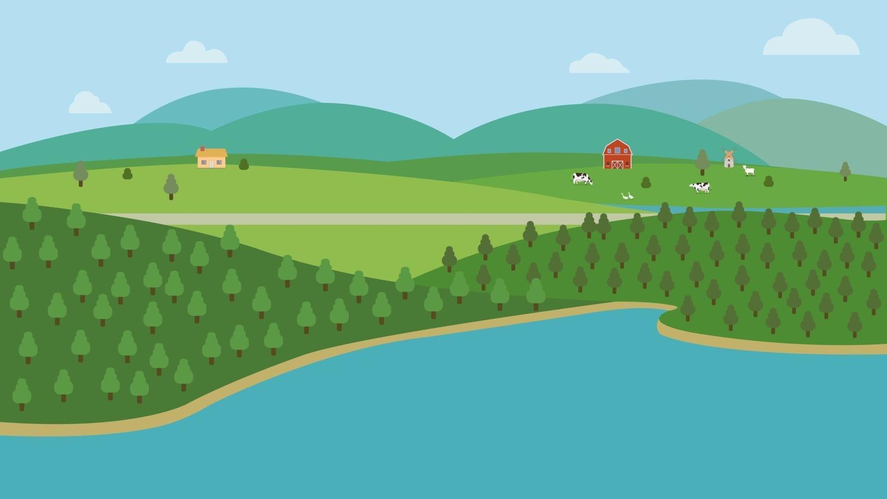 Landschaft Naturlandschaft mit farm.vector illustration.natürliche Szene mit Hügelbäumen Flussstraße Bergwolke und sky.farmland mit Tier und Wald.Ökologie Frühlingslandkonzept vektor