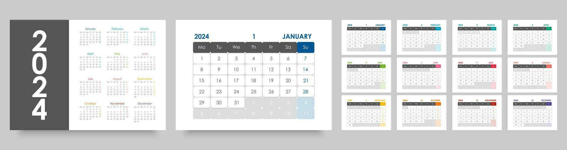 Kalender 2024 Jahr. Schreibtisch oder Mauer Kalender Vorlage, Landschaft Orientierung, Englisch Sprache. das Woche beginnt auf Montag. vektor
