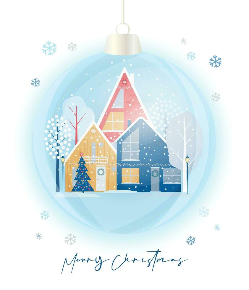Weihnachten Karte Design mit ein Winter Landschaft im ein Glas Weihnachten Ornament. vektor