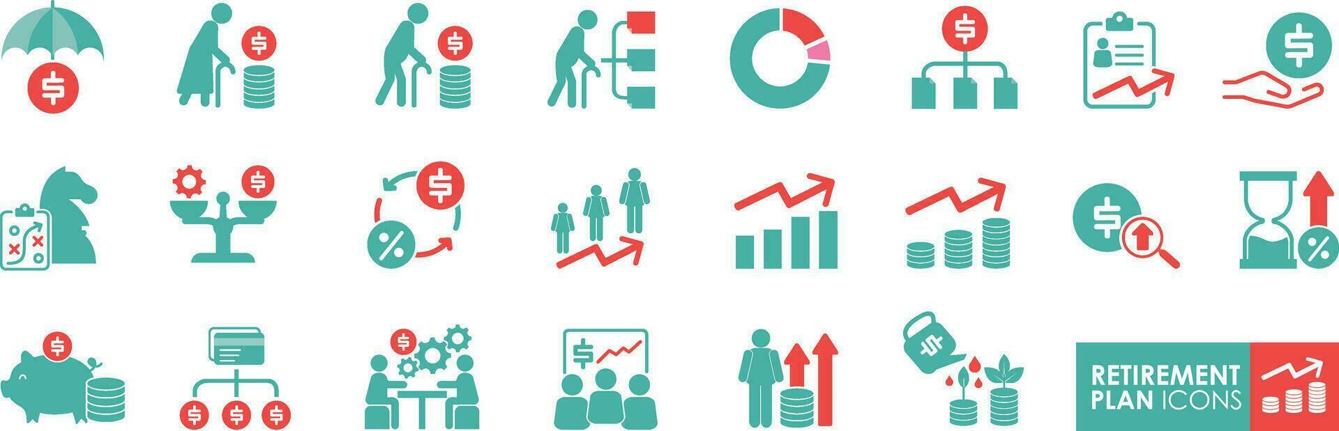 pensionering planen ikon uppsättning. pension betalning, pengar deposition, investering fond balans ark arv vektor illustration. fast ikon stil