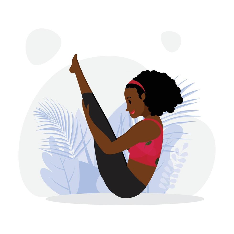 junge schwarze Dame, die Yoga-Asana auf dem Boot praktiziert, junge Frau in rosafarbenem Fitness-Outfit, die Yoga-Asana praktiziert vektor