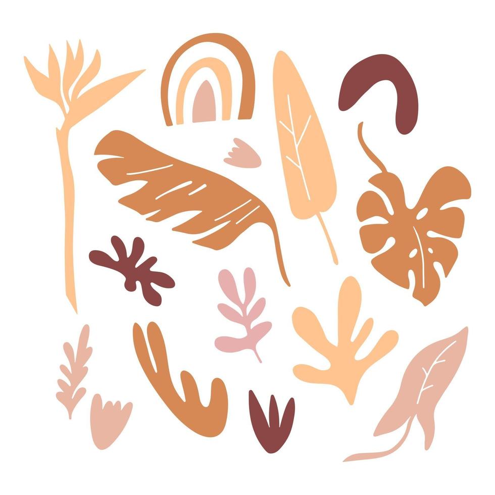 Set mit Zweigen von Blättern, Formen, Blumen auf weißem Hintergrund. Silhouette-Vektor-Illustration. Design für Muster, Banner, Karte, Logo vektor