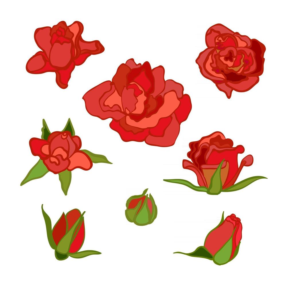 Vektor buntes Set mit Blumen. rote Rose. Clip-Art-Elemente für Postkarte, Banner, T-Shirt-Druck, Einladung, Grußkarte, Poster