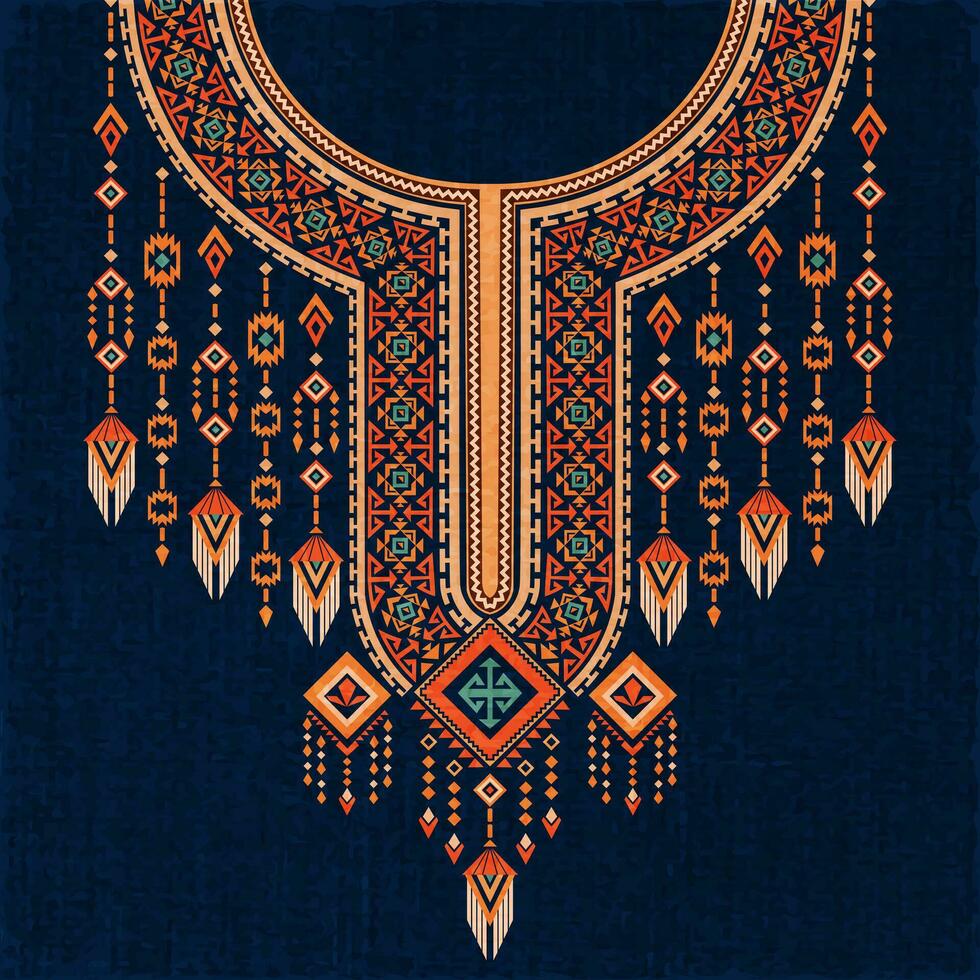 das beschwingt symmetrisch abstrakt geometrisch Ausschnitt Muster Design im navajo indisch Stil. diese Design ist zum dekorieren das Hals von ein Kaftan Kleid, Rundhals Shirt, afrikanisch Kleidung und Kleid vektor