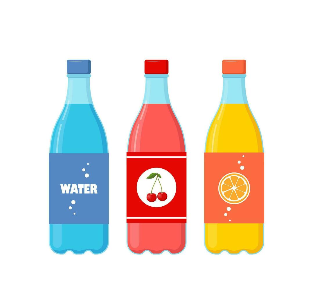 flaskor av annorlunda brusande drycker. soda, vatten, juice i plast flaskor, drycker med annorlunda smaker isolerat på vit bakgrund. vektor illustration.