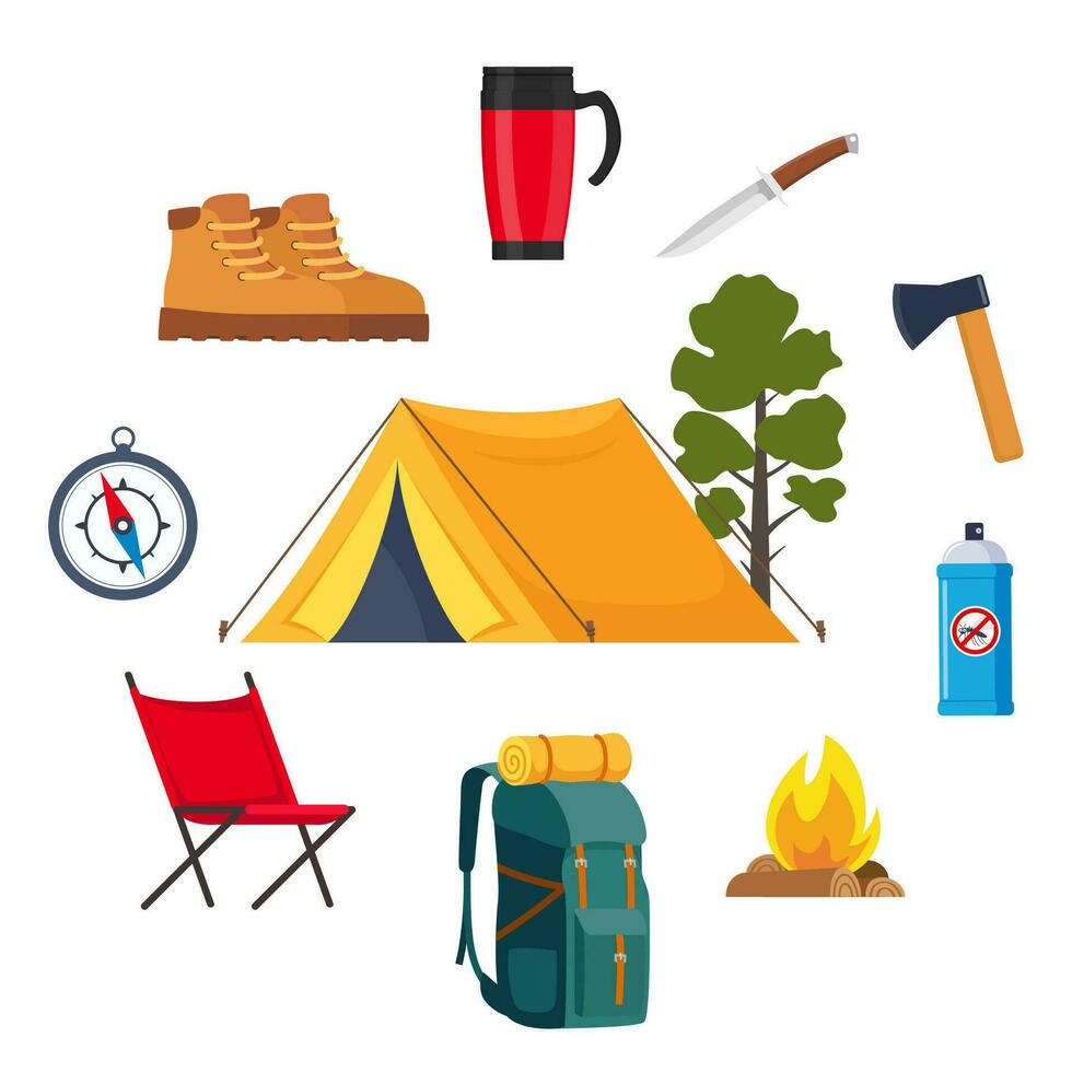 Camping und Wandern Ausrüstung Satz. groß Sammlung von Elemente oder Symbole zum Sport, Abenteuer im Natur, Erholung und Tourismus Konzept Design. Vektor Illustration.