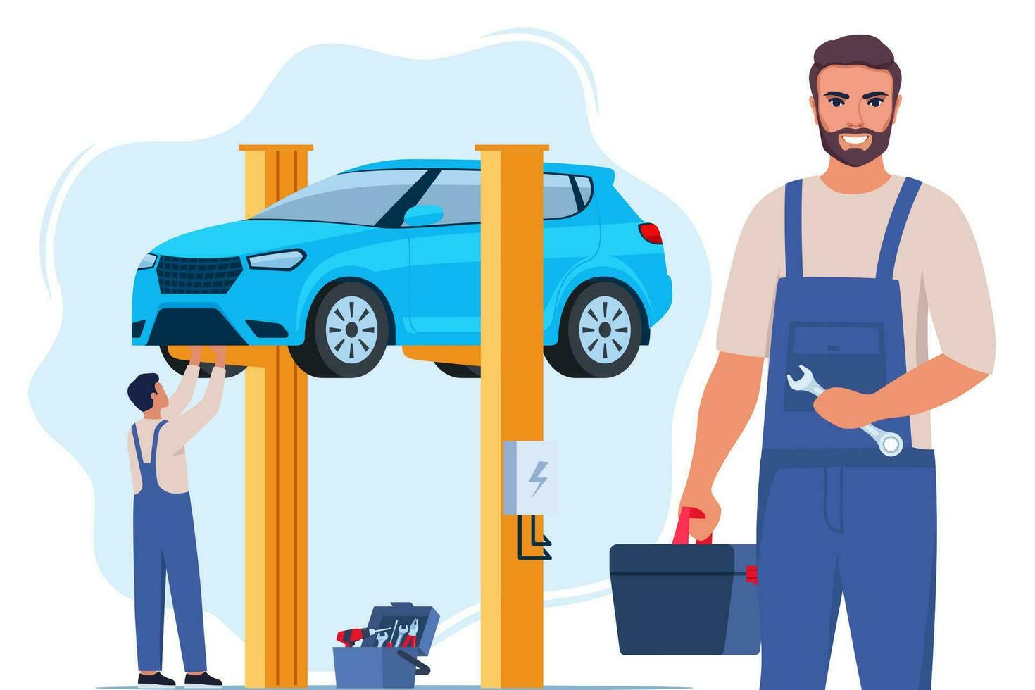 bil reparera. bil mekaniker nära de bil lyft på autoliftar. bil service och reparera, diagnostik. bil service. vektor illustration.