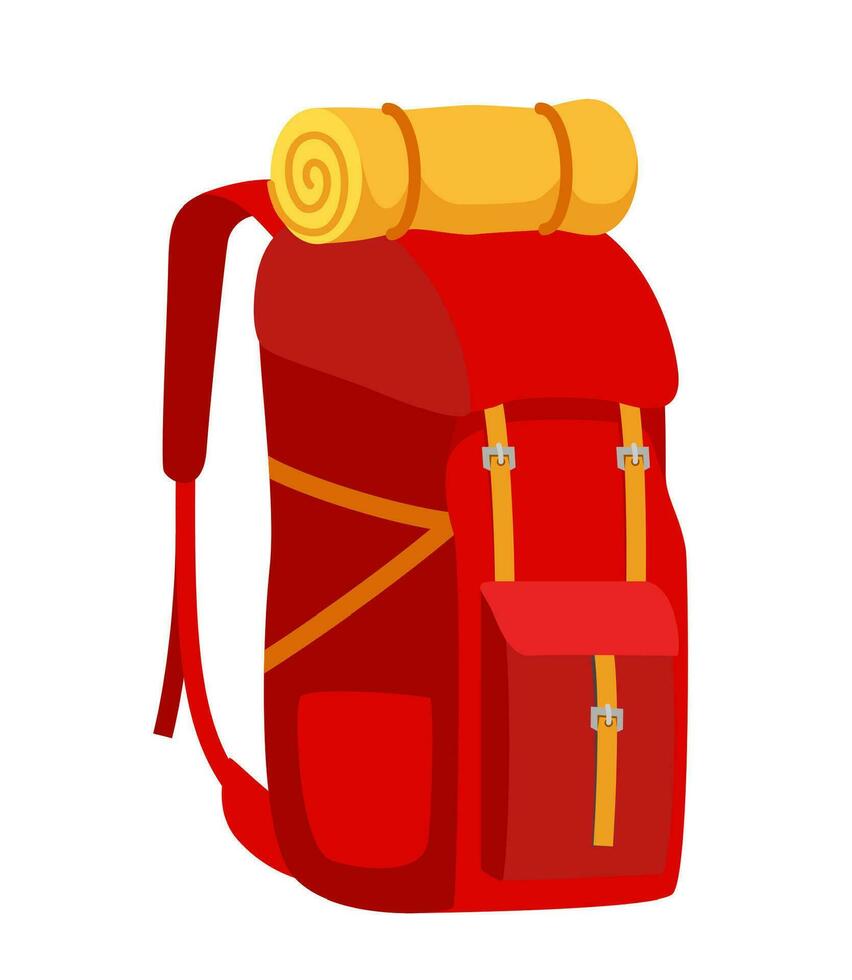 bunt Rucksack zum reisen, wandern, Camping. Tourist retro zurück Pack. klassisch gestylt Wandern Rucksack mit Schlafen Tasche. Lager und Wanderung Tasche. Vektor Illustration.