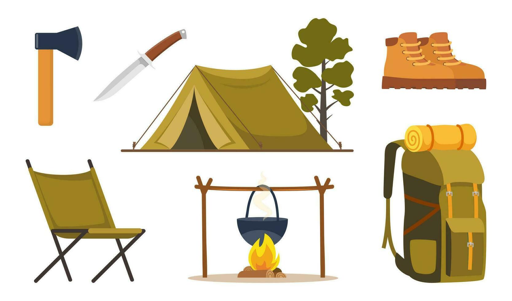 camping och vandring Utrustning uppsättning. stor samling av element eller ikoner för sporter, äventyr i natur, rekreation och turism begrepp design. vektor illustration.