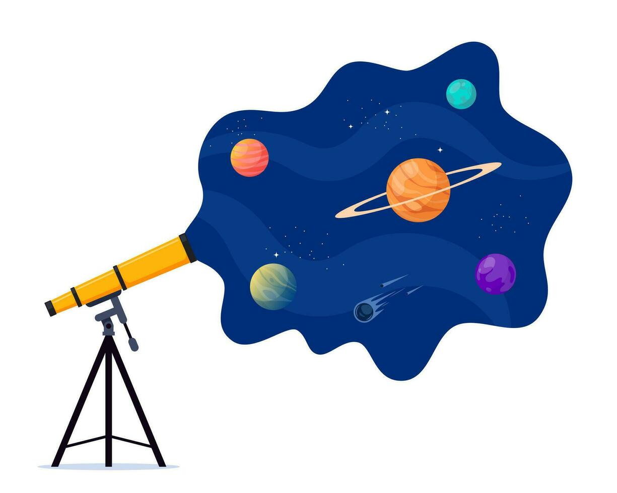 astronomisch Teleskop sieht aus in Raum. Raum. Planeten, Sterne und Kometen durch ein Fernrohr. Vektor eben Illustration.