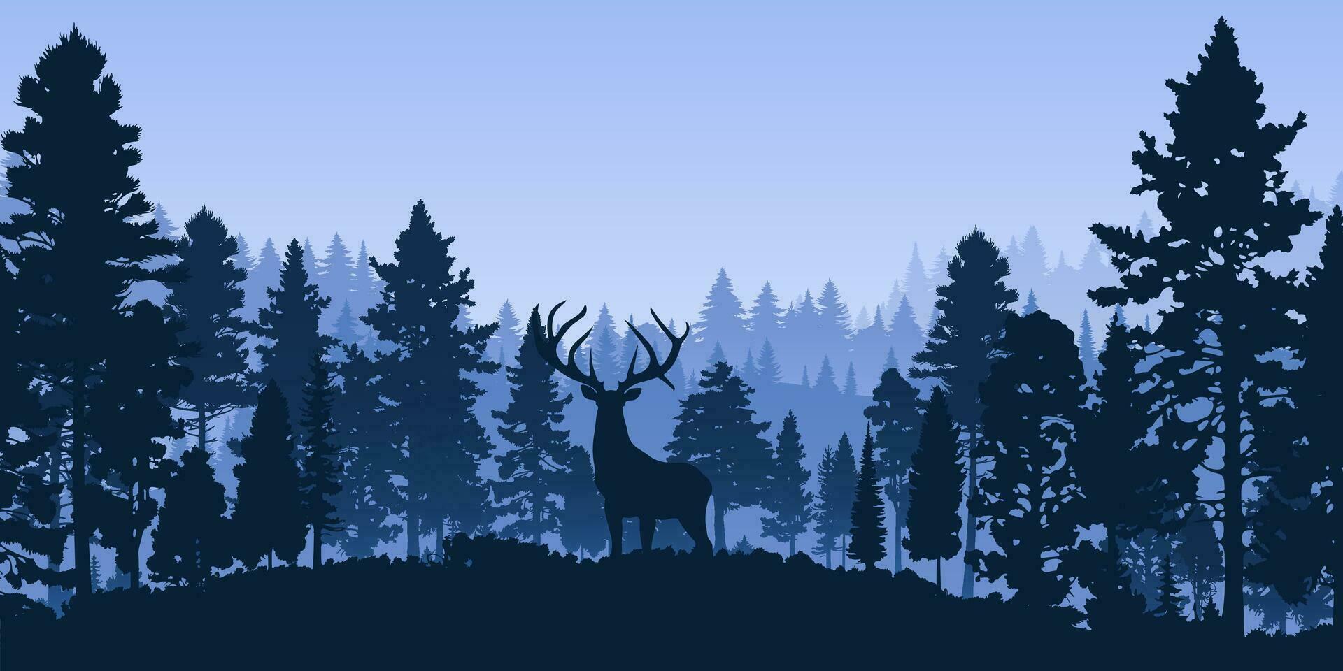 Wald Landschaft Silhouette im Blau Farbtöne. das Nadelbaum Bäume und gehörnt Hirsch sind im Silhouette gegen ein nebelig Horizont. zum Hintergründe, Banner, Reise und Abenteuer Designs vektor