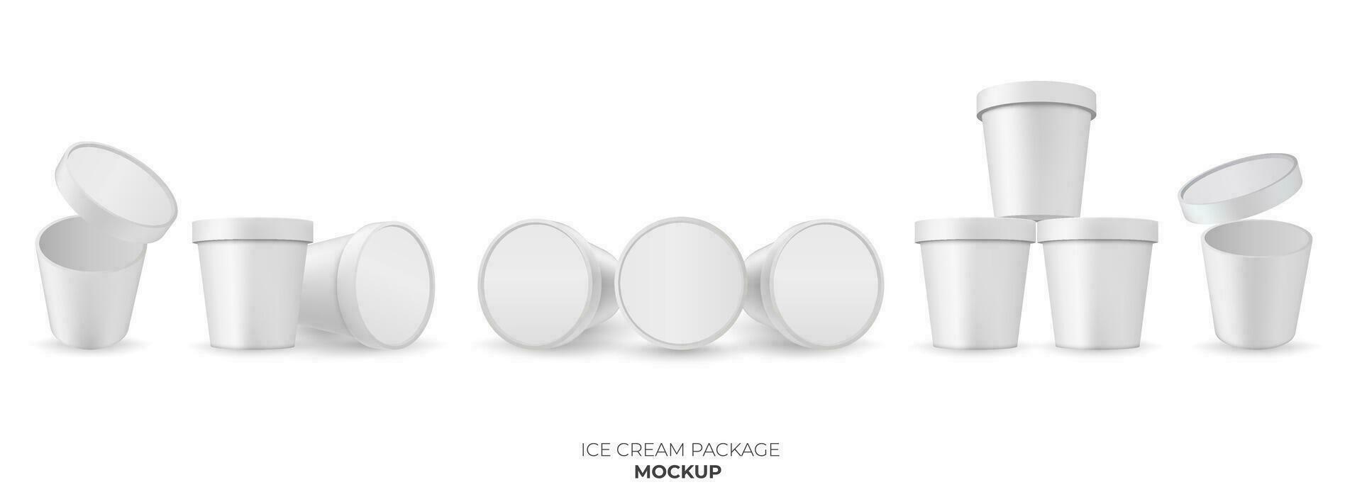 ein leer Weiß Joghurt oder Eis Sahne Container mit ein klar Plastik Deckel Satz. das sauber und glänzend Design ist perfekt zum Verpackung Modelle und Produkt Vorlagen. vektor