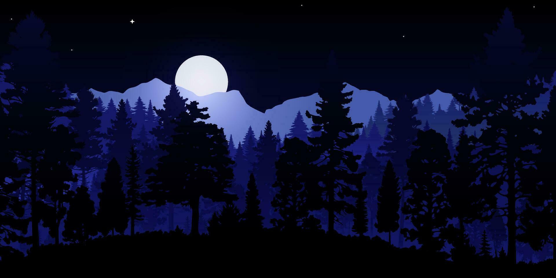 vektor illustration av en skön natt skog landskap med silhouetted träd, mörk himmel, stjärnor och en lysande måne. perfekt för tapeter och mönster.