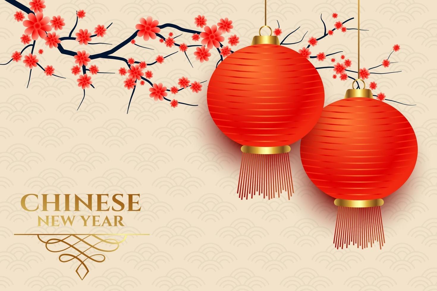 realistisches Design der chinesischen Laterne und des Blumenbaumhintergrundes des neuen Jahres für Ihren Text vektor