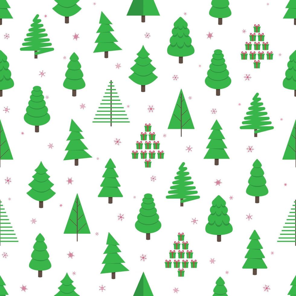 12 cseamless Weihnachtsbaum grüne Tanne flache Design-Muster-Vektor-Illustration. Symbol der Familie Weihnachtsfeiertag isoliert auf weißem Hintergrund. einfache Form-Urlaubsverpackung, Stoff oder Textur. vektor