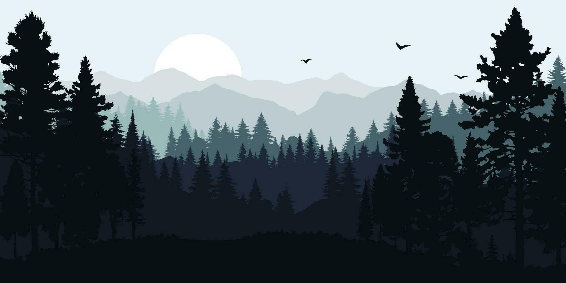 Vektor Illustration von ein Nadelbaum Wald mit Bäume im Silhouette gegen ein Sonnenuntergang oder Sonnenaufgang Himmel. Landschaft von Abenteuer Thema machen es perfekt zum Reise und Tourismus Entwürfe, wandern, Camping