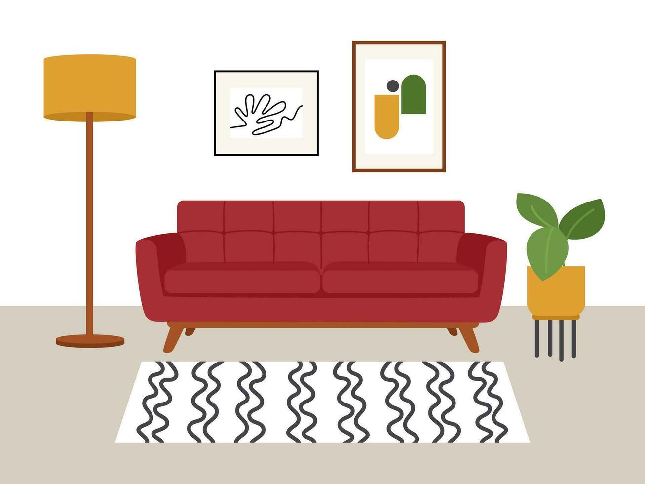 Leben Zimmer Innere im eben Stil. rot Sofa, Teppich, Fußboden Lampe, Plakate auf ein Weiß Hintergrund. Vektor Illustration