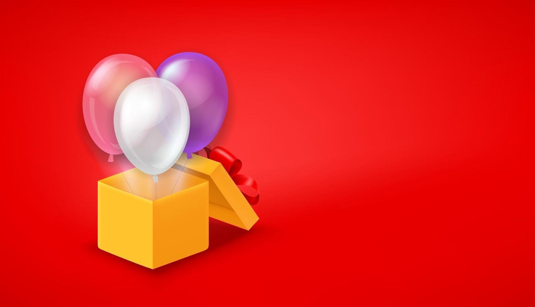 öppnad låda med luftballonger som flyger ut från lådan. gratulationskort med kopia utrymme vektor