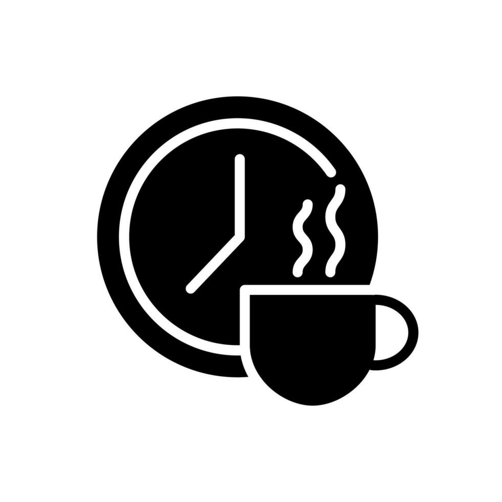 brechen Zeit schwarz Glyphe Symbol. geplant Zeitraum zum Mitarbeiter Mittagessen. unproduktiv Zeit. Substantiv zum Kaffee. Silhouette Symbol auf Weiß Raum. solide Piktogramm. Vektor isoliert Illustration