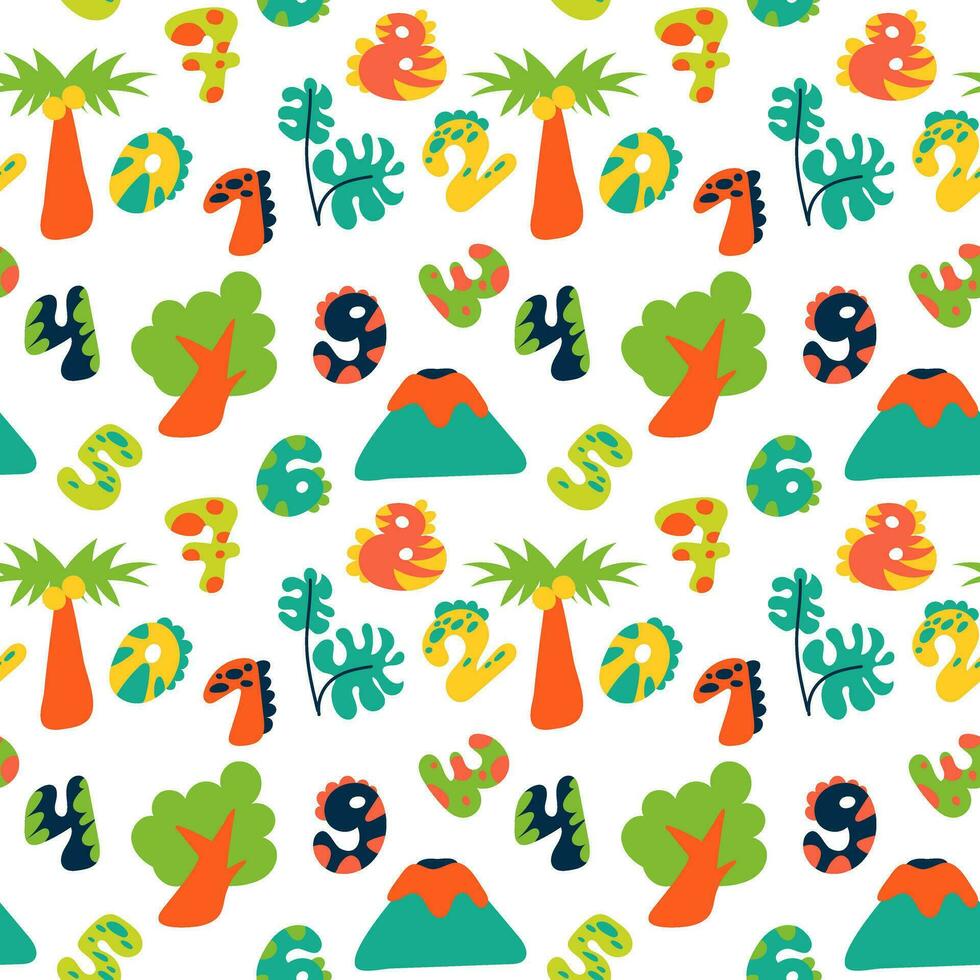 tropisk mönster med tecknad serie element och dino tal. barns ljus löv, träd, handflatan träd, vulkaner och tal i ljus Färg. sömlös bebis textur för utskrift på textilier och papper vektor