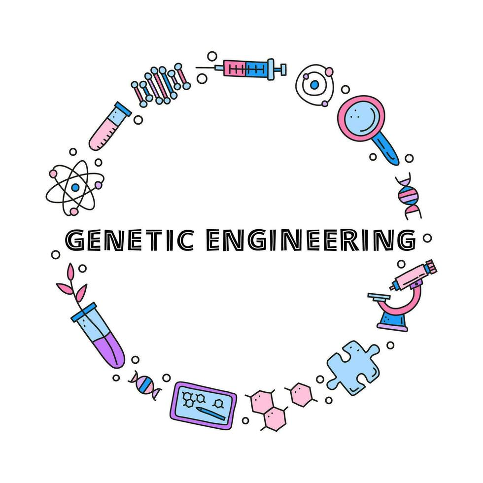 Gekritzel farbig genetisch Ingenieurwesen Symbole im Kreis. vektor