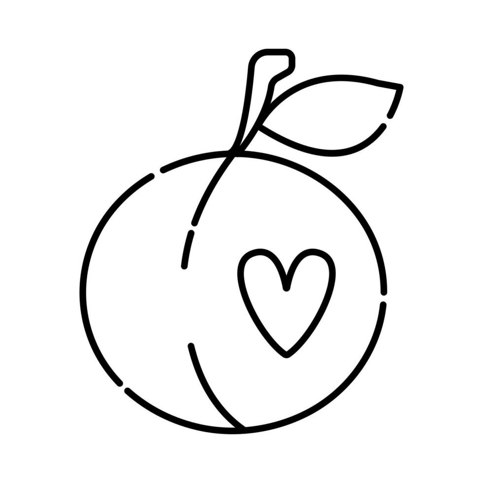 Pfirsich mit ein Herz, Liebe zu Pfirsiche, Vektor schwarz Linie Symbol