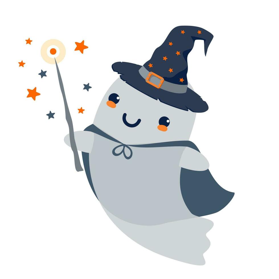 Halloween Geist im ein Hut mit ein Magie Zauberstab. illustriert Vektor Element.